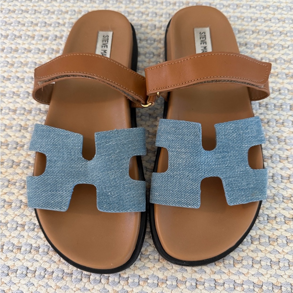 Steve Madden Tan & Light Blue Denim Slide Sandals
